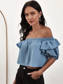 Top de manga farol ribete fruncido de hombros descubiertos - Neblina azul - Ver 4