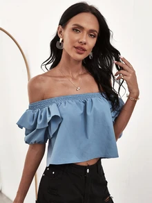 Top de manga farol ribete fruncido de hombros descubiertos - Neblina azul - Ver 5