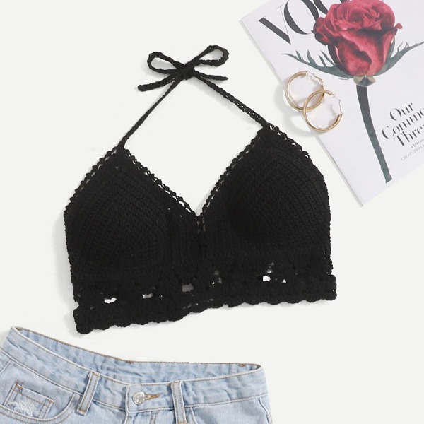

Crochet Halter Bikini Top, Black