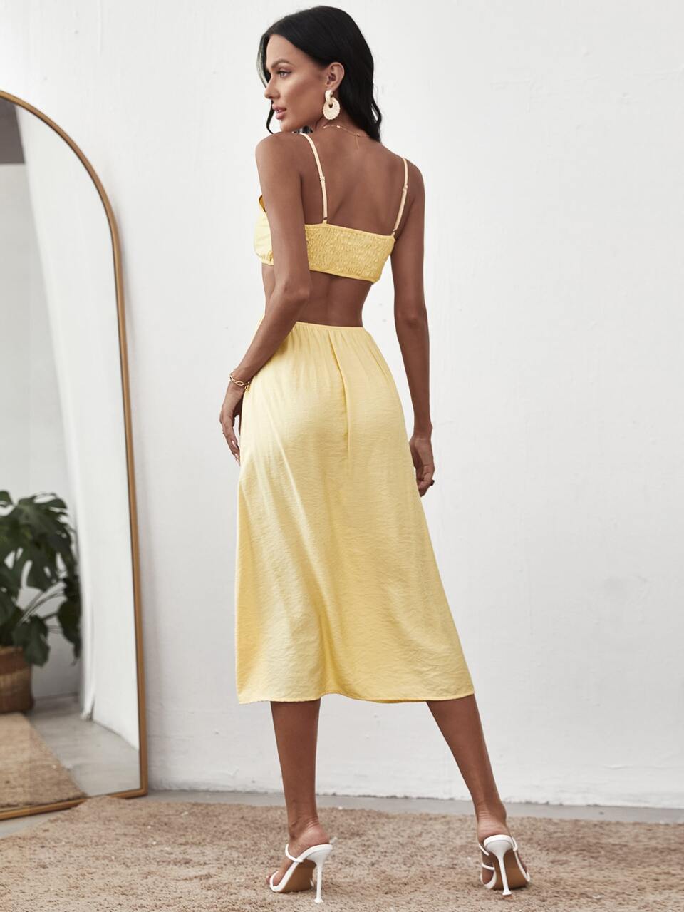 Plunging Neck Cutout Detail High Split Cami Dress