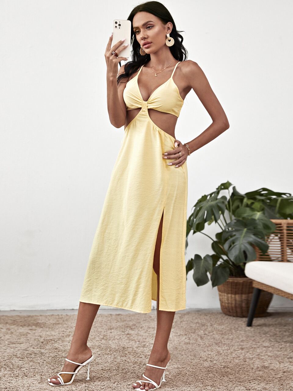 Plunging Neck Cutout Detail High Split Cami Dress