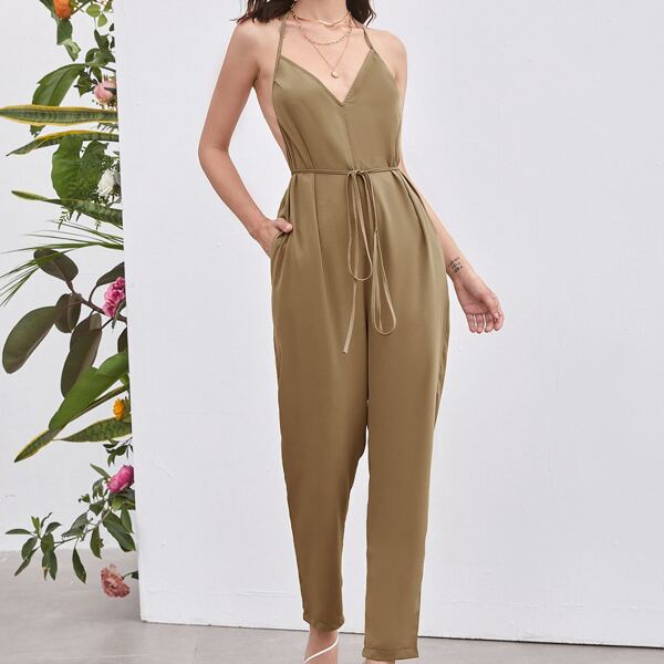 

Tie Front Backless Halter Jumpsuit, Khaki