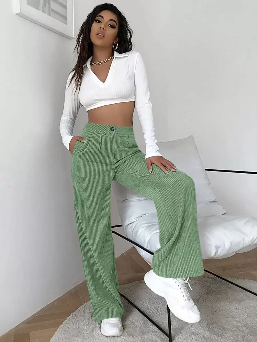 SHEIN EZwear 高腰燈芯絨寬腿褲子 - 綠色 - 查看 1