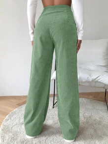 SHEIN EZwear 高腰燈芯絨寬腿褲子 - 綠色 - 查看 2