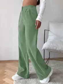 SHEIN EZwear 高腰燈芯絨寬腿褲子 - 綠色 - 查看 3