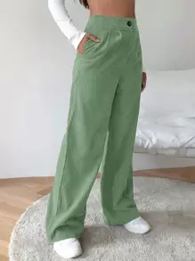 SHEIN EZwear 高腰燈芯絨寬腿褲子 - 綠色 - 查看 5