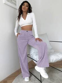 SHEIN EZwear High Waist Cord Wide Leg Trousers - Lilac Purple - View 1