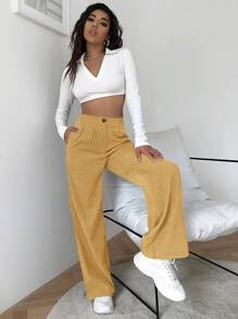 SHEIN EZwear High Waist Cord Wide Leg Trousers - Yellow - View 1