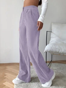 SHEIN EZwear High Waist Cord Wide Leg Trousers - Lilac Purple - View 3