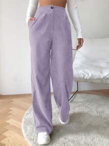SHEIN EZwear High Waist Cord Wide Leg Trousers - Lilac Purple - View 4