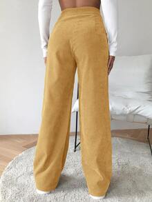 SHEIN EZwear High Waist Cord Wide Leg Trousers - Yellow - View 2