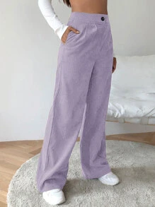 SHEIN EZwear High Waist Cord Wide Leg Trousers - Lilac Purple - View 5