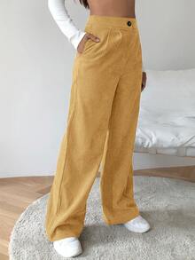 SHEIN EZwear High Waist Cord Wide Leg Trousers - Yellow - View 3
