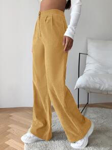 SHEIN EZwear High Waist Cord Wide Leg Trousers - Yellow - View 4