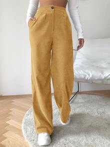 SHEIN EZwear High Waist Cord Wide Leg Trousers - Yellow - View 5