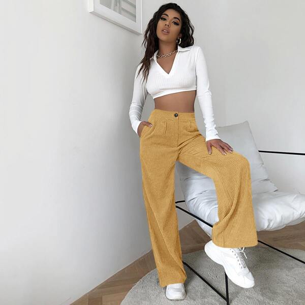 

High Waist Cord Wide Leg Pants, Yellow