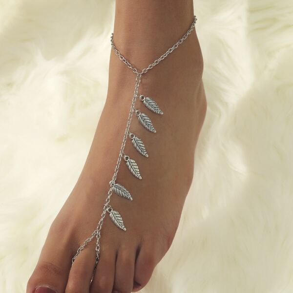 

Leaf Charm Mittens Anklet, Silver