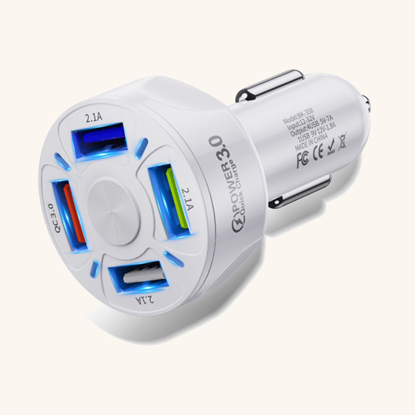 

4 Port USB Car Charger, White