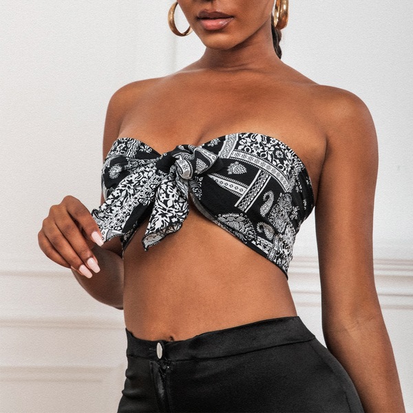 

Scarf Print Tie Front Tube Top, Black and white