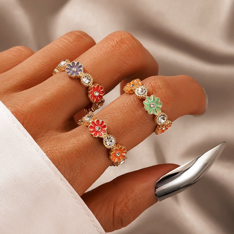 

3pcs Flower Rhinestone Ring, Gold
