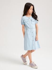 Niñas Vestido mezclilla con botón delantero - Lavado ligero - Ver 1