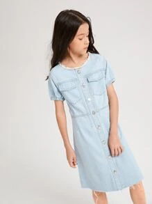 Niñas Vestido mezclilla con botón delantero - Lavado ligero - Ver 4