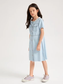 Niñas Vestido mezclilla con botón delantero - Lavado ligero - Ver 5