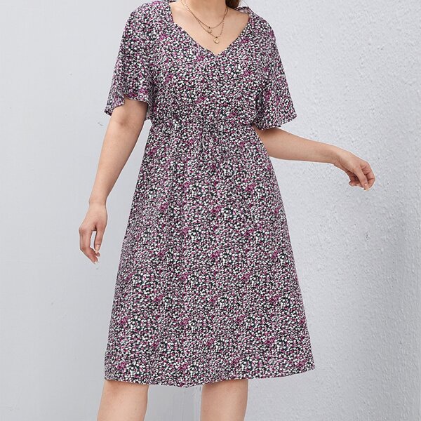 

Plus Ditsy Floral V-neck Flutter Sleeve A-line Dress, Multicolor