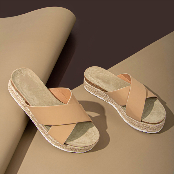 

Minimalist Cross Strap Flatform Mules, Apricot