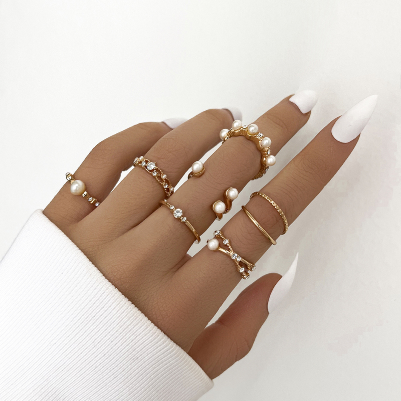 

7pcs Faux Pearl Decor Ring, Gold