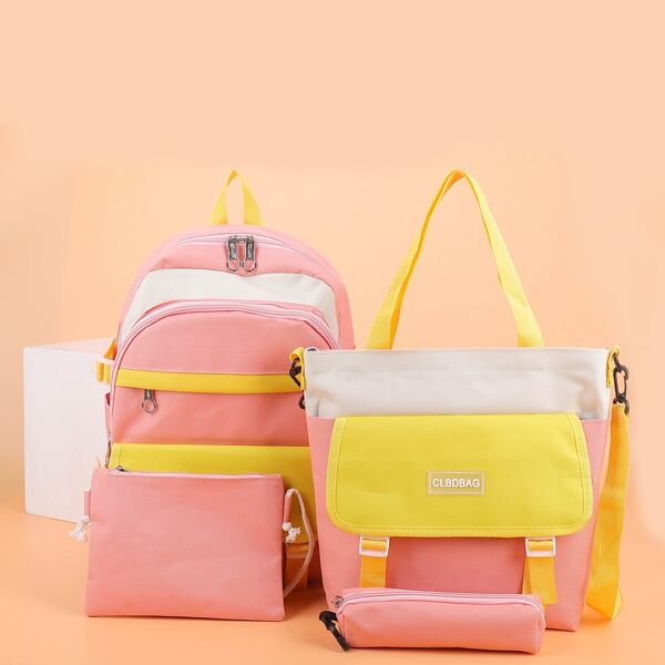 

4pcs Colorblock Large Capacity Backpack Set, Pink