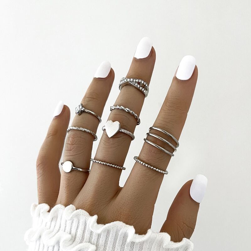 

9pcs Heart Decor Ring, Silver