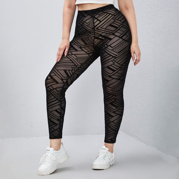

Plus Geo Print Sheer Leggings Without Panty, Black