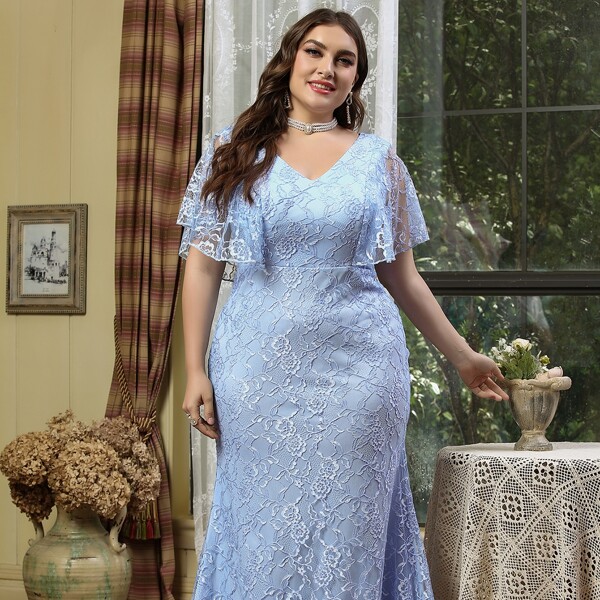 

Plus Flutter Sleeve Lace A-line Dress, Baby blue