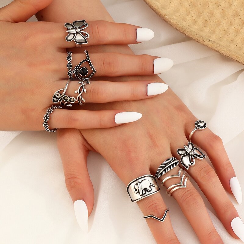 

14pcs Butterfly & Heart Ring, Antique silver