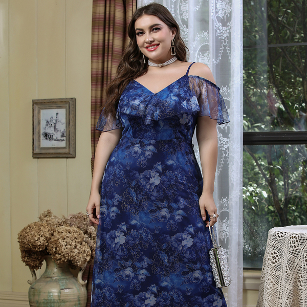 

Plus Allover Floral Cold Shoulder Mesh Dress, Navy blue