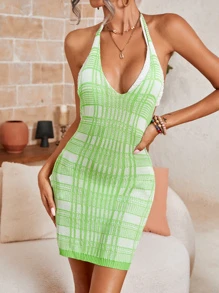 SHEIN WYWH 格紋後繫帶露背繞頸毛衣裙不附帶胸罩 - 青檸色 - 查看 4