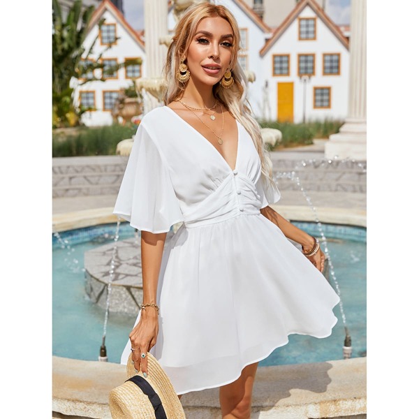 

Plunging Neck V Back A-line Dress, White