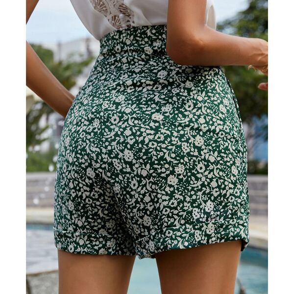 

Floral Button Fly Wide Leg Shorts, Dark green