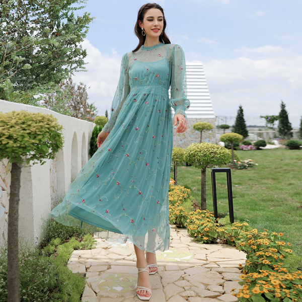 

Floral Mesh Overlay Ruffle Neck Dress, Mint green
