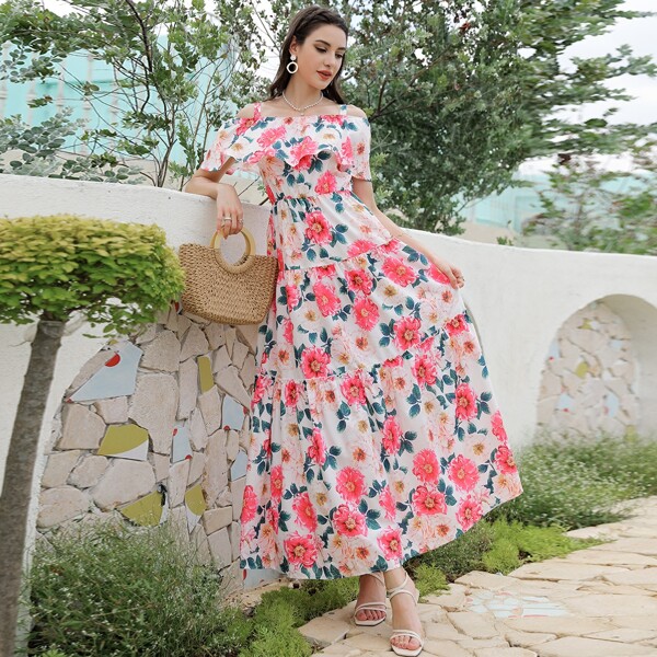 

Allover Floral Print Cold Shoulder A-line Dress, Multicolor