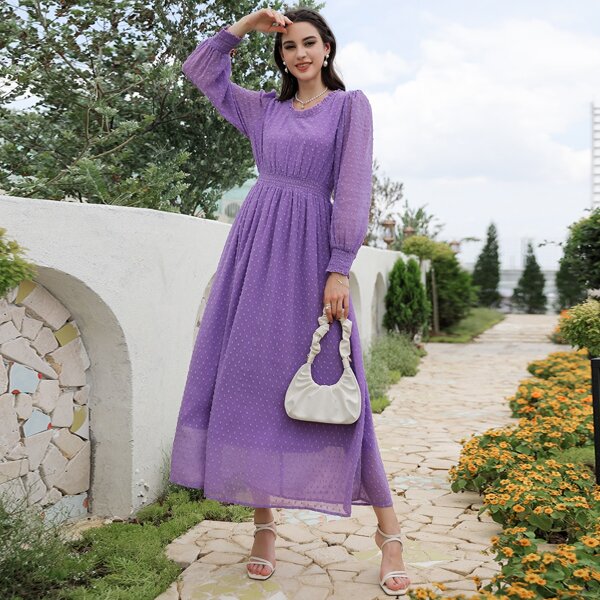 

Solid Swiss Dot A-line Dress, Violet purple