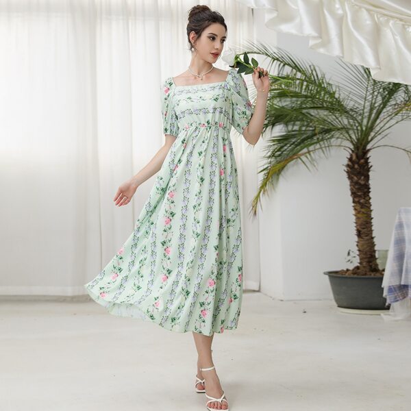 

Square Neck Floral Print Dress, Mint green