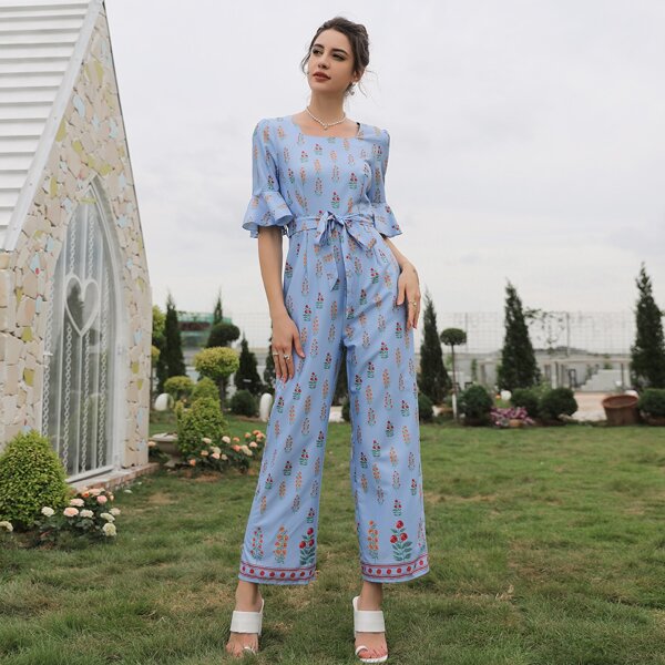 

Allover Floral Print Flounce Sleeve Jumpsuit With Belt, Blue