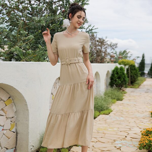 

Solid Ruffle Hem Dress With Belt, Khaki