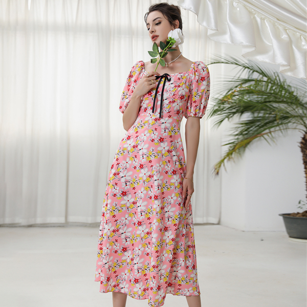 

Allover Floral Print Bow Puff Sleeve Dress, Multicolor