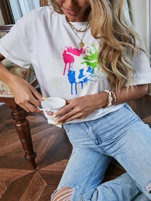 Camiseta con patrón de salpicadura de pintura - Blanco - Ver 5