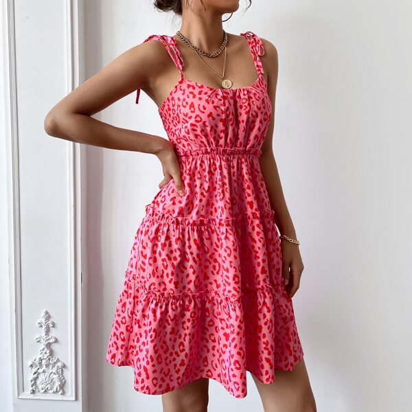 

Leopard Print Lettuce Trim Cami Dress, Hot pink