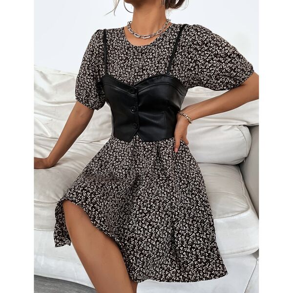 

Ditsy Floral Print Dress & PU Cami Top, Multicolor