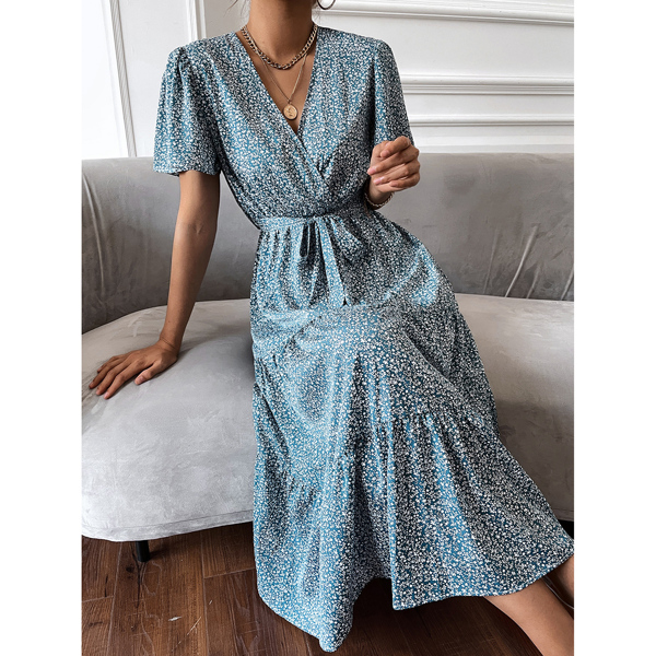 

Ditsy Floral Print Ruffle Hem Dress With Belt, Blue